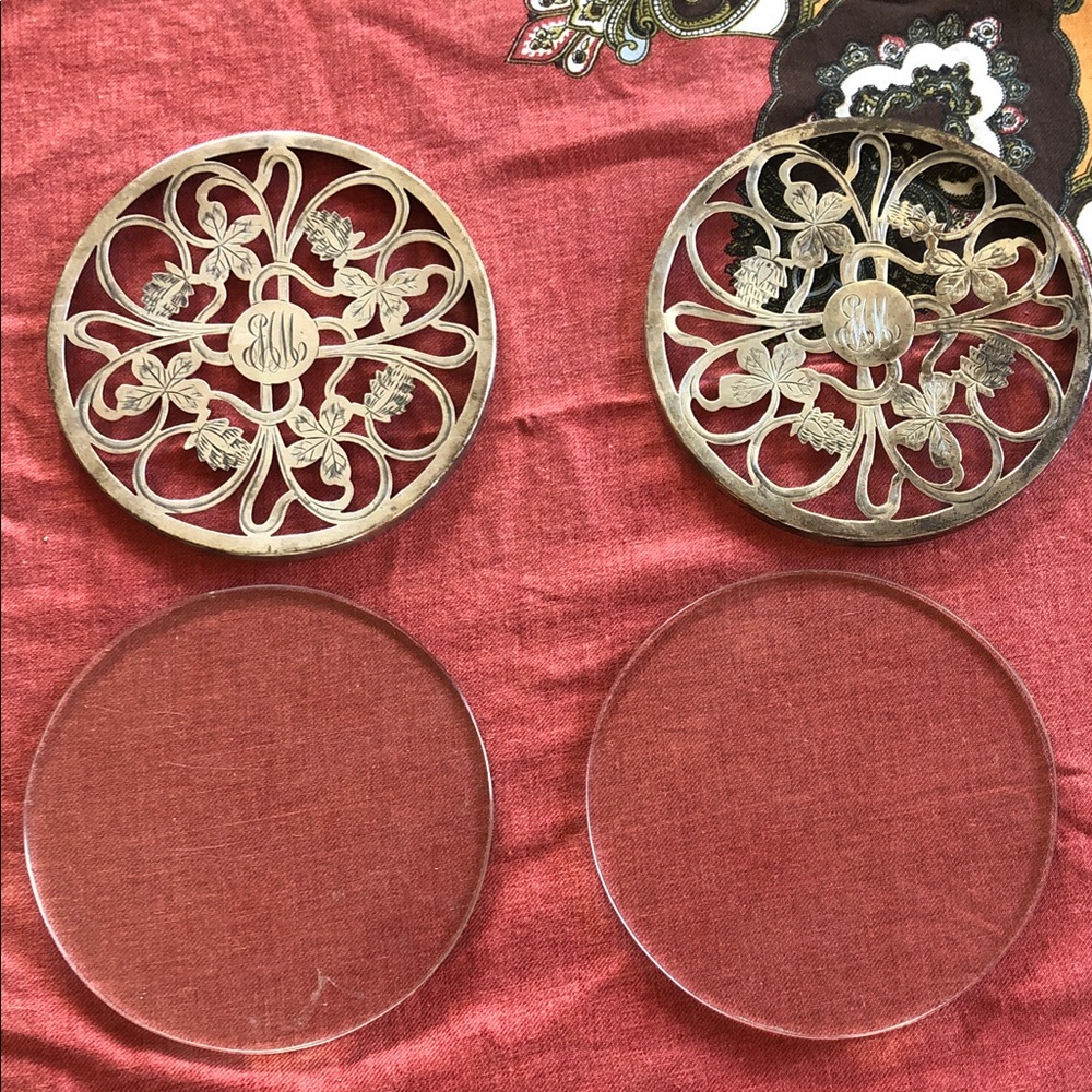 Rare Antique sterling engraved trivets EMM